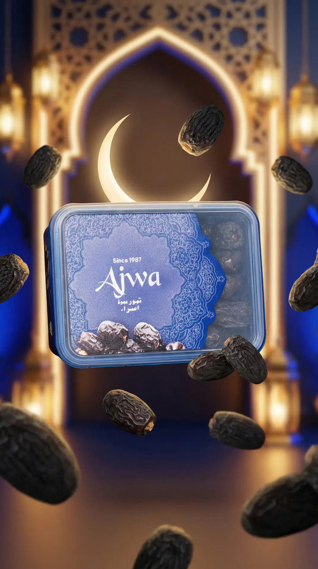Ajwa dates campaign creative with blue packaging