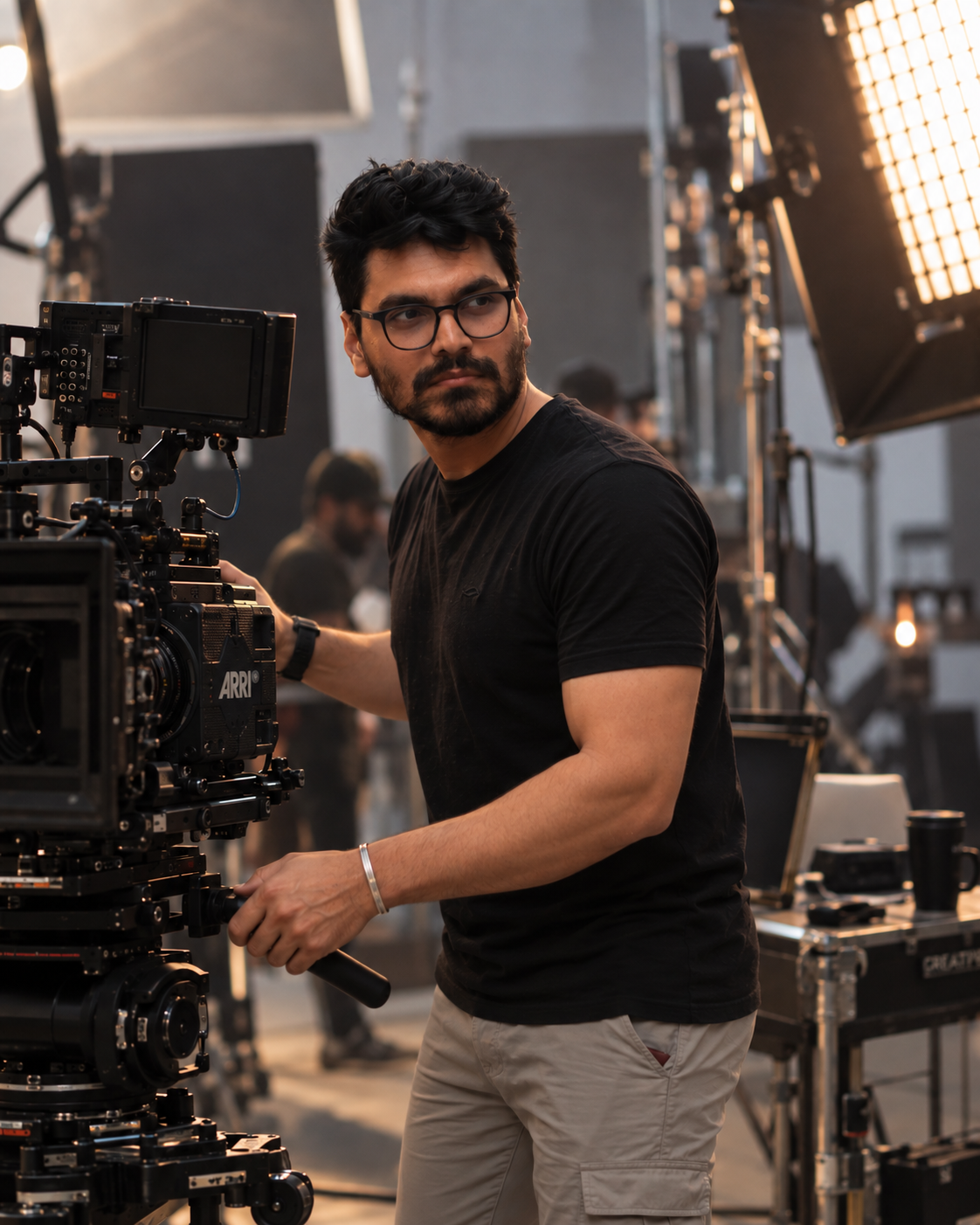 Filmmaker directing a shoot at a cinema camera on set